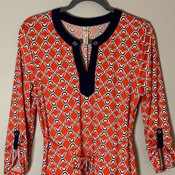 PerSeption Concept Dress MED Red Blue Stretchy Geometric Office Wear Boutique - Picture 3 of 12